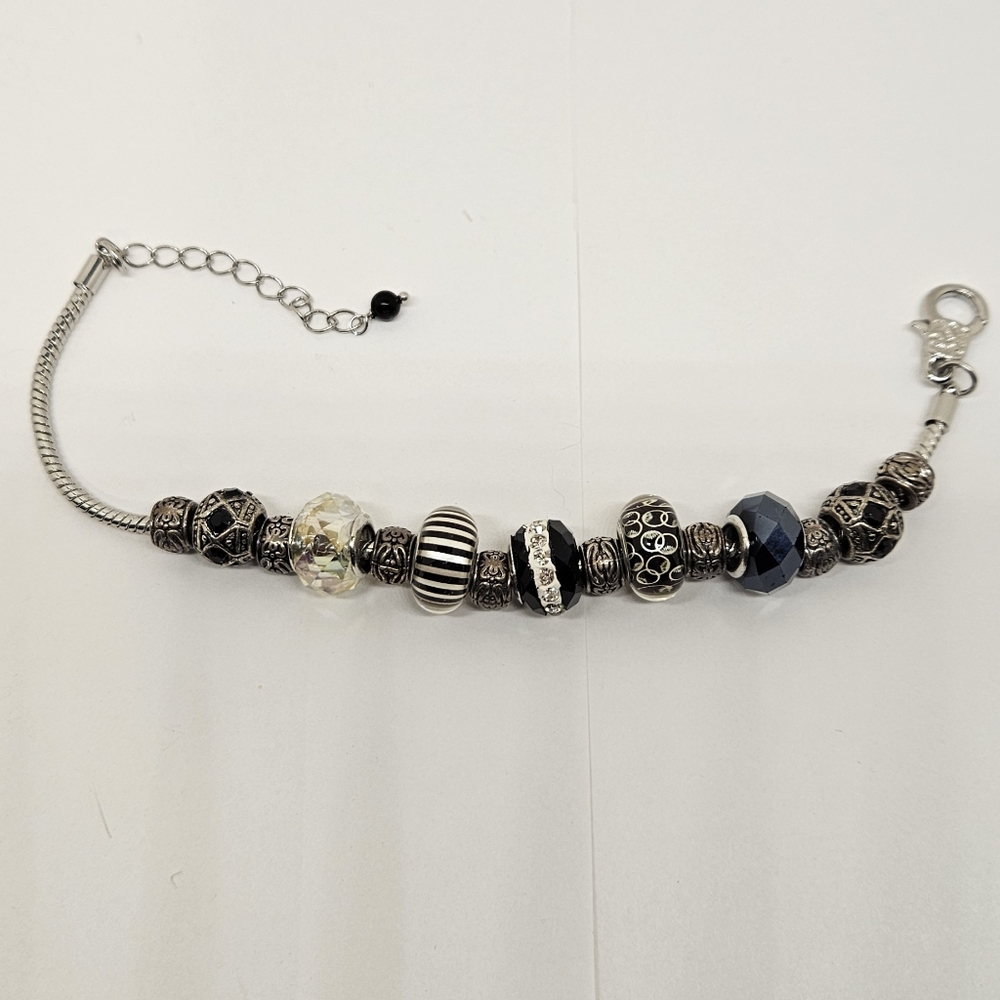 Art Glass Crystal Charm Bracelet Anklet Rhinestones Silver Black Beaded Beads